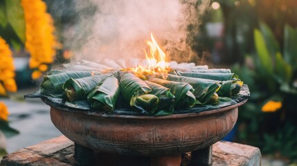 A traditional clay pot filled with steaming banana leaf-wrapped desserts.