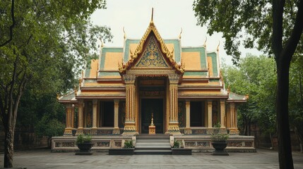 Fototapeta premium A traditional Thai temple with a shrine positioned near the entrance.