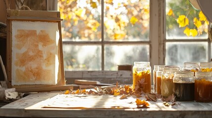 Rustic scene of eco printing preparation with leaves, fabric, and natural dye jars in frame, soft blurred background
