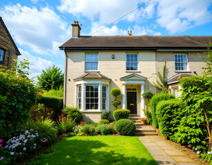 A new white house with a terrace and a cloudy blue sky.