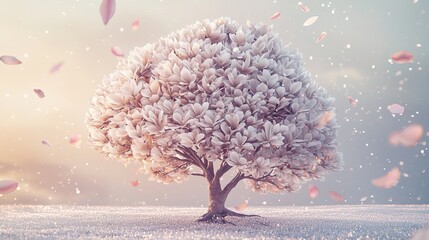 Blooming brain tree surrounded by soft light, symbol of creativity and positive thoughts, calm ambiance, delicate flower petals