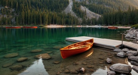 Scenic lake with wooden boat, surrounded by forested mountains