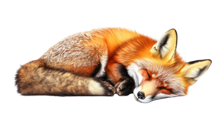 a beautifully illustrated sleeping fox showcasing its vibrant orange fur and relaxed posture against a white background. tranquility and charm of wildlife