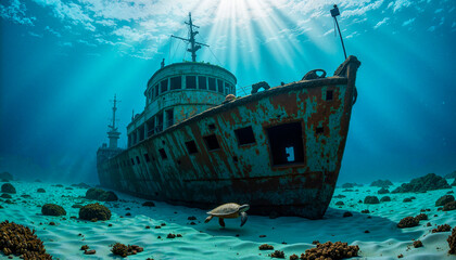 Rusted shipwreck surrounded by marine life in vibrant ocean depths  