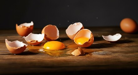 Broken eggs on wooden table, showcasing yolks and shells