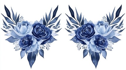 Two symmetrical floral arrangements in deep blue and light blue tones, featuring roses and foliage