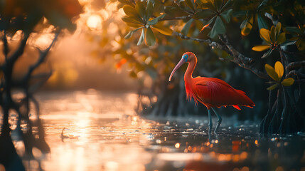 Scarlet ibis wading in sun-drenched shallows. A vivid splash of color against the soft golden light filtering through mangrove roots. Tranquil wildlife scene.