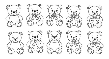 Obraz premium Cute teddy bear icons in black and white, hand-drawn style with ribbons and soft shapes.