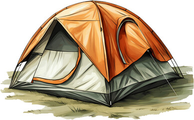 Orange dome camping tent with mesh windows and guy ropes, outdoor recreation equipment illustration for hiking adventures
