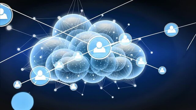 Advanced AI-powered chatbot visualized as an ethereal cloud of interconnected glowing nodes, forming an intelligent conversational web