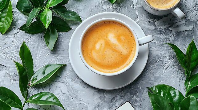 Aromatic Blend: A captivating top-down perspective of coffee in a white cup amidst vibrant green foliage, set against a marbled surface, evokes a sense of tranquil mornings and refined tastes.