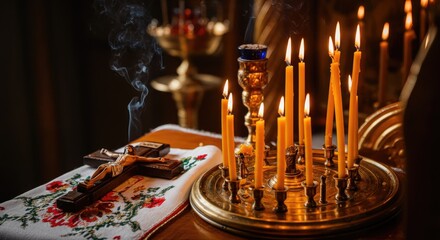 Lit candles and cross on altar, indicating religious ceremony or prayer