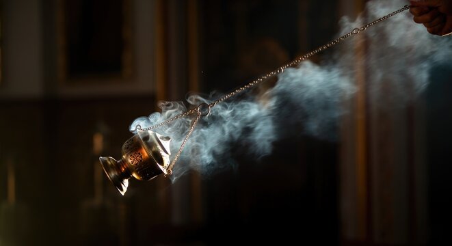 Burning incense in censer creating aromatic smoke dark setting