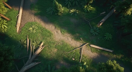 Aerial view of forest pathway surrounded by trees and greenery