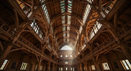 Obraz premium Intricate Timber Frame Construction Inside a Grand Architectural Structure