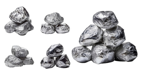 Crumbled Aluminum Foil Pieces and Bundled Foil in Various Sizes, PNG bundle collection, Isolated on Transparent Background