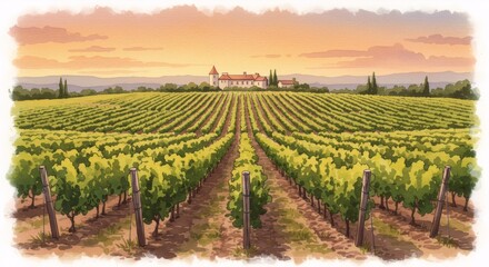Fototapeta premium Scenic vineyard landscape at sunset with rows of grapevines and distant winery. Tuscan countryside view. Wine production concept. Rural agriculture scene for travel poster or wine label