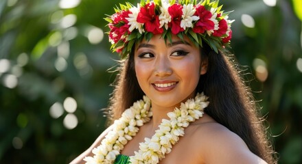 Woman in traditional Polynesian outfit with flower lei, smiling outdoors