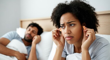 Woman with earplugs annoyed by snoring partner in bed