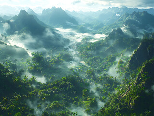 Misty mountain range shrouded in lush tropical foliage.  A breathtaking aerial view perfect for travel, adventure, or environmental themes. Evokes mystery and tranquility.