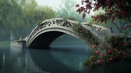 Fototapeta premium Stone bridge arches over still water surrounded by trees and foliage.