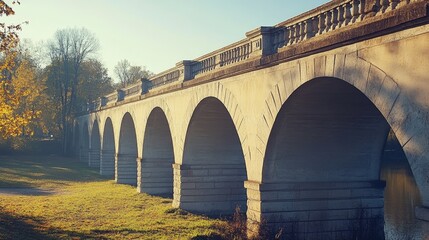 Stone arched bridge spans a grassy area with trees in the background.