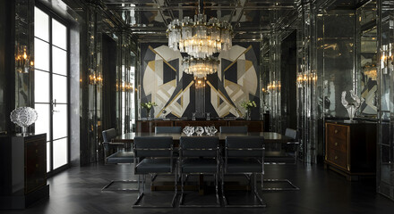 Elegant Art Deco Dining Room With Mirrored Walls And Geometric Artwork