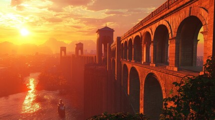 Arched bridge over water at sunset with towers and warm colors.