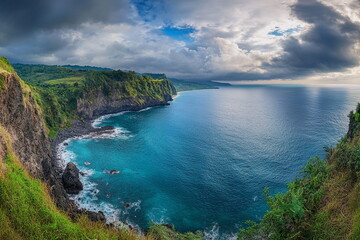Fototapeta premium Crystal-clear blue water stretches between rocky cliffs under a vivid sky, showcasing a tranquil coastal paradise. 