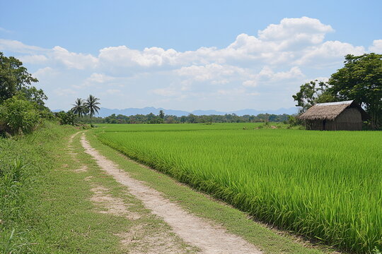 A narrow dirt road winds between vibrant green rice fields under a bright blue sky. The peaceful rural landscape captures the essence of slow life, cultivation, and warm summer air.
