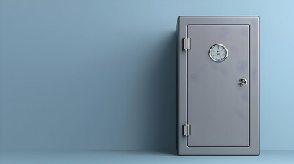 Gray Metal Safe Against Light Blue Wall