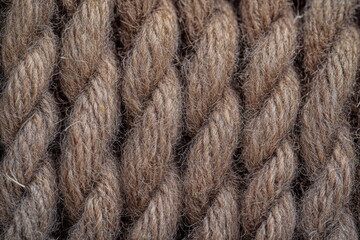 Fototapeta premium Woolen yarn in soft brown and oatmeal shades, twisted and stacked tightly to form a thick, cozy texture—perfect for textile crafts, knitting, and natural-themed product displays. 