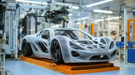 Futuristic car body being manufactured by an automated robotic arm in a modern factory.  