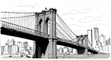 Fototapeta premium Monochrome Sketch of Brooklyn Bridge Suspension Cables and Towers