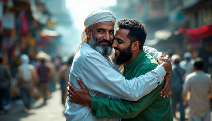 Fototapeta premium Two middle eastern men hugging, the older one is 60 years old with white turban and beard, the other one is 30 years old with black curly hair and beard, in a crowded street