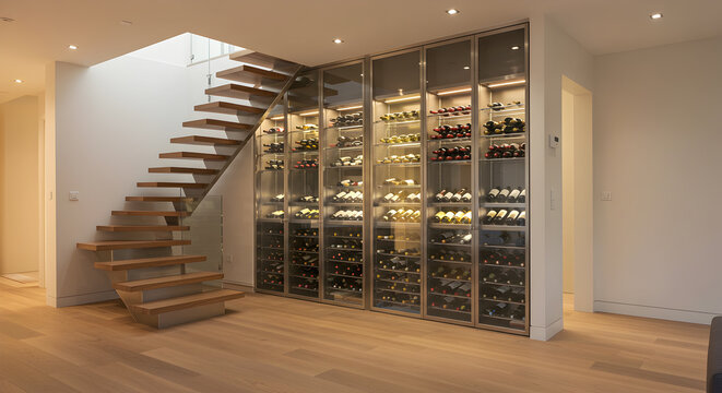 Elegant Floating Staircase with Built In Modern Wine Rack Cellar Storage