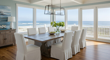 Elegant Coastal Dining Room With Ocean Views And White Slipcovered Chairs