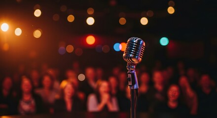 Retro Mic with Live Stage, and Concert Crowd.