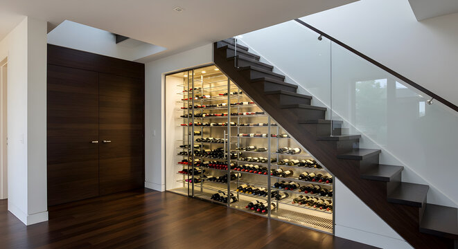 Modern Home Wine Storage Solution Integrated Under Floating Staircase