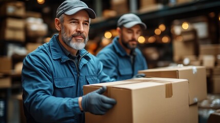 Fototapeta premium Workers in a Warehouse Handling Packages for Delivery and Storage