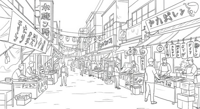 Tsukishima Outer Market Sketch in Tokyo