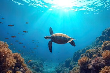 Obraz premium Serene Sea Turtle in Vibrant Coral Reef