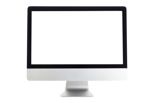 Sleek computer monitor mockup with black bezel and silver stand on transparent background.
