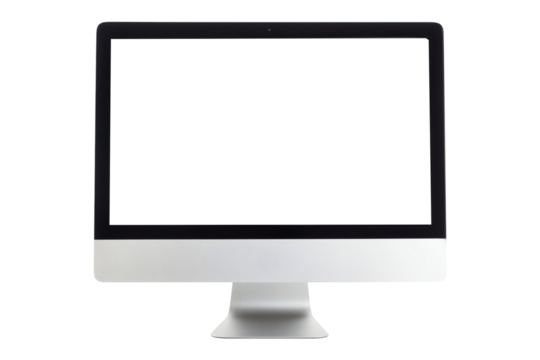 Sleek computer monitor mockup with black bezel and silver stand on transparent background.