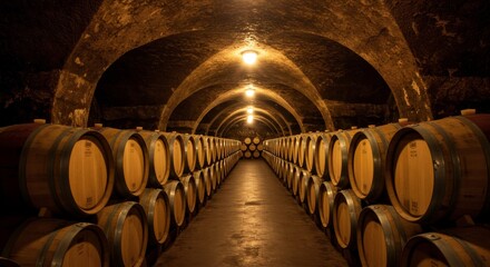 Wine cellar with oak barrels in underground tunnel. Aged wine storage in traditional winery. Rustic atmosphere for wine tasting and tourism. Vintage winemaking concept.