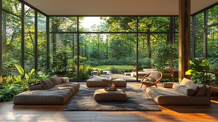 Fototapeta premium Serene Sanctuary: A modern living space seamlessly merges the indoors with the outdoors, featuring panoramic views of a vibrant green forest. Relaxing couches invite guests.