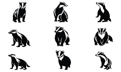 Badger Silhouettes Collection: Black Vector Illustrations of Striped Mammals