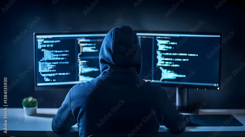 Poster hacker working on computer in dark room