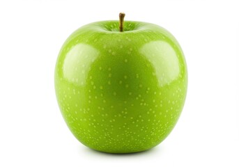 A single bright green granny smith apple with a brown stem on a plain white background isolated shot