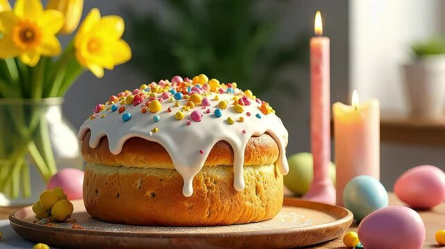 easter cake with candles/ Orthodox traditional Easter cake paska kulich on white table with Easter eggs. Light background, daylight Blurred candles.Orthodox Easter, paska	